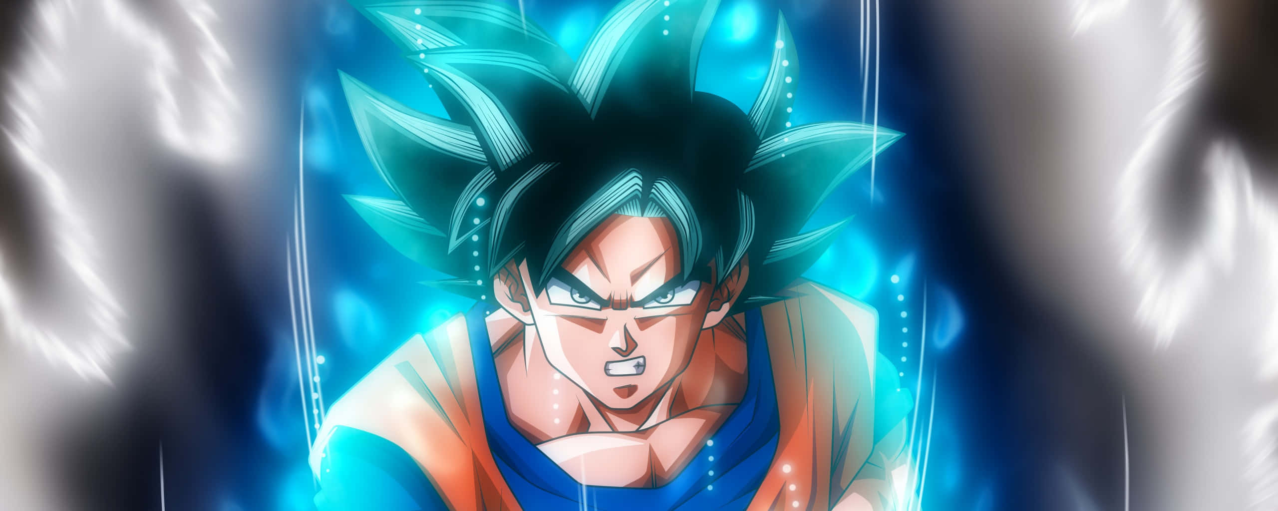 Cool Dragon Ball 桌布 壁紙 — 動漫角色悟空以超級賽亞人藍色形態出現，帶有發光的藍色氣場和強烈的表情。