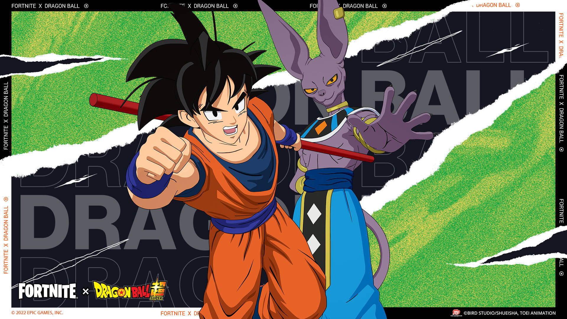 Beerus 桌布 壁紙 — 動漫角色悟空和比魯斯在撕裂的綠色和黑色背景上動態碰撞，帶有「龍珠」文字。