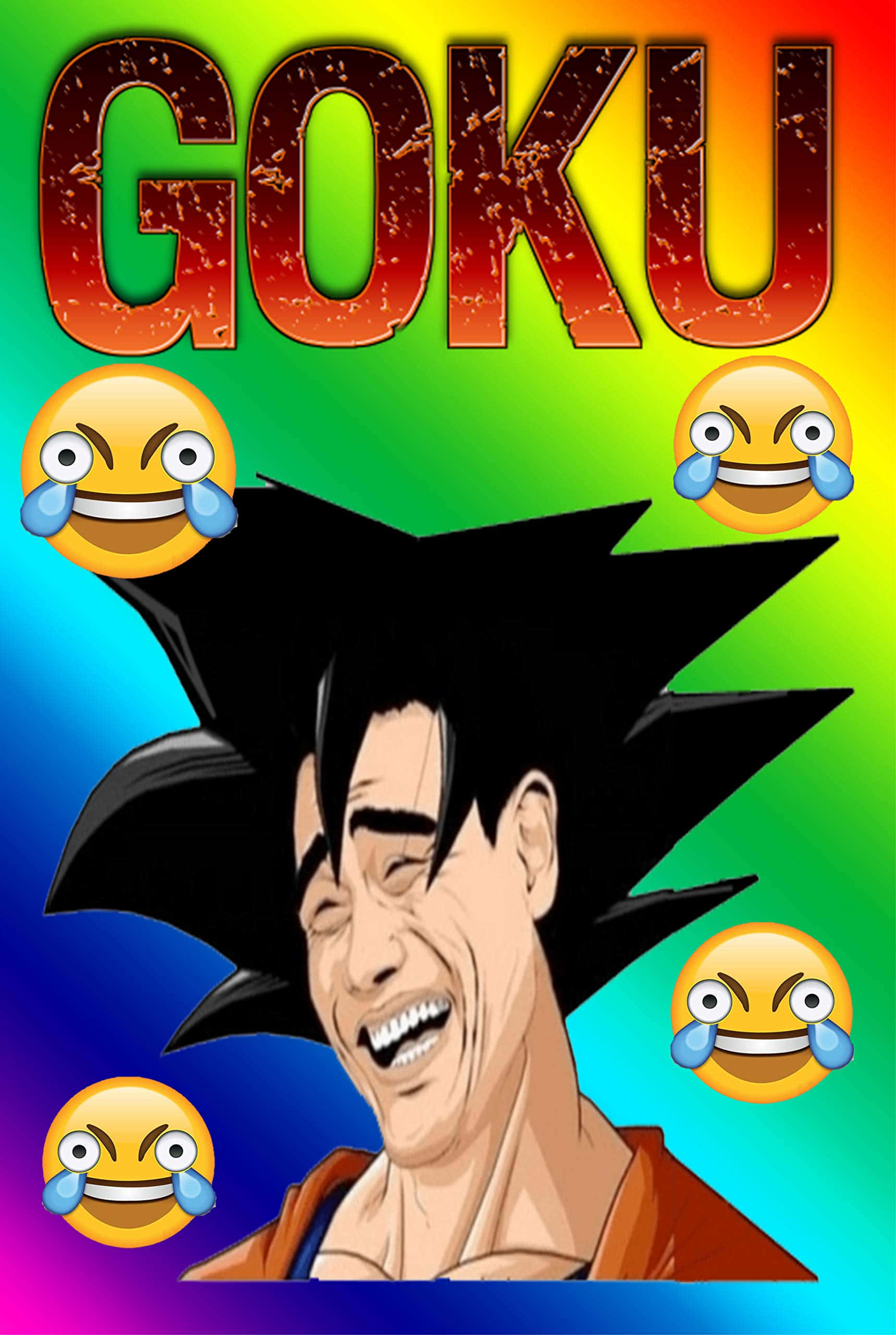 Funny Goku 桌布 壁紙 — 動漫角色悟空在充滿活力的彩虹漸變背景中，被笑哭表情包圍，開懷大笑。