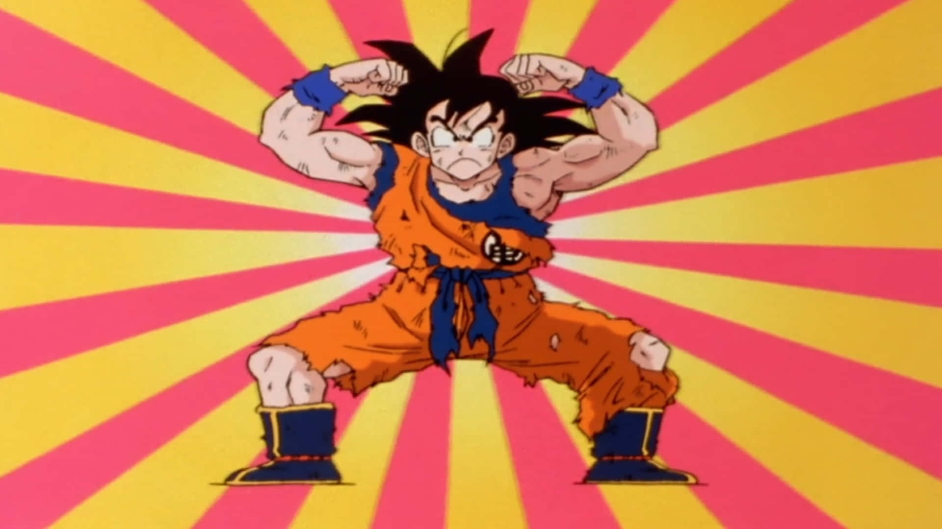 Funny Goku 桌布 壁紙 — 動漫角色悟空在充滿活力的粉紅色和黃色太陽光背景下強力地展示肌肉。