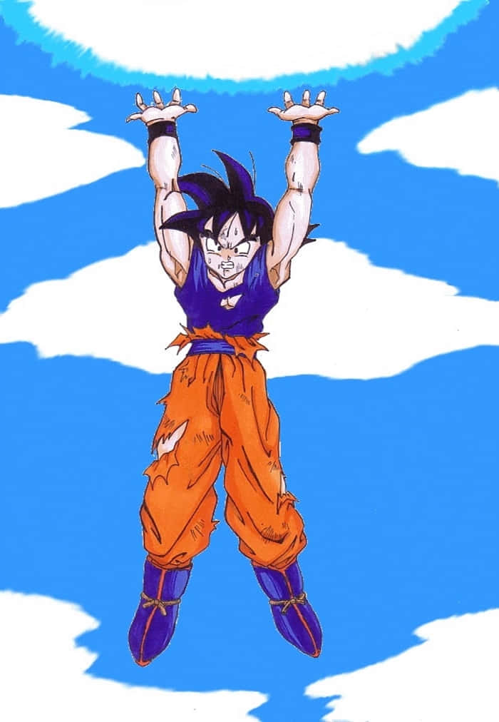 Goku's Spirit Bomb Sword 桌布 壁紙 — 動漫角色悟空在明亮的藍天和蓬鬆的白雲中舉起雙臂懸浮在半空中。