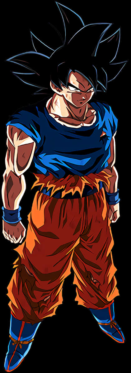 Goku Dragon Ball Super 桌布 壁紙 — 動漫角色悟空在黑色背景前擺出戰鬥姿勢，身穿標誌性的藍色和橙色道服。