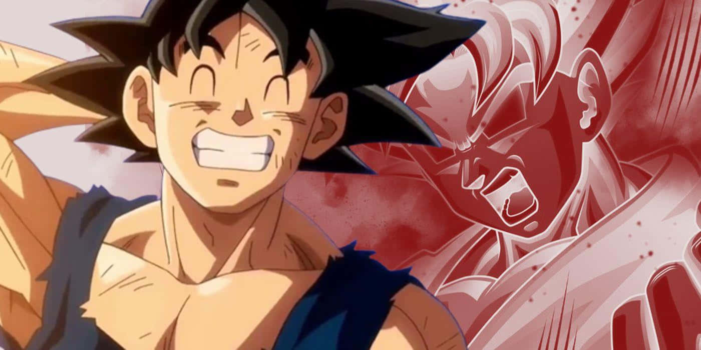 Funny Goku 桌布 壁紙 — 動漫角色悟空得意地咧嘴笑，身後一個紅色調的對手在動態戰鬥場景中狠狠瞪視。