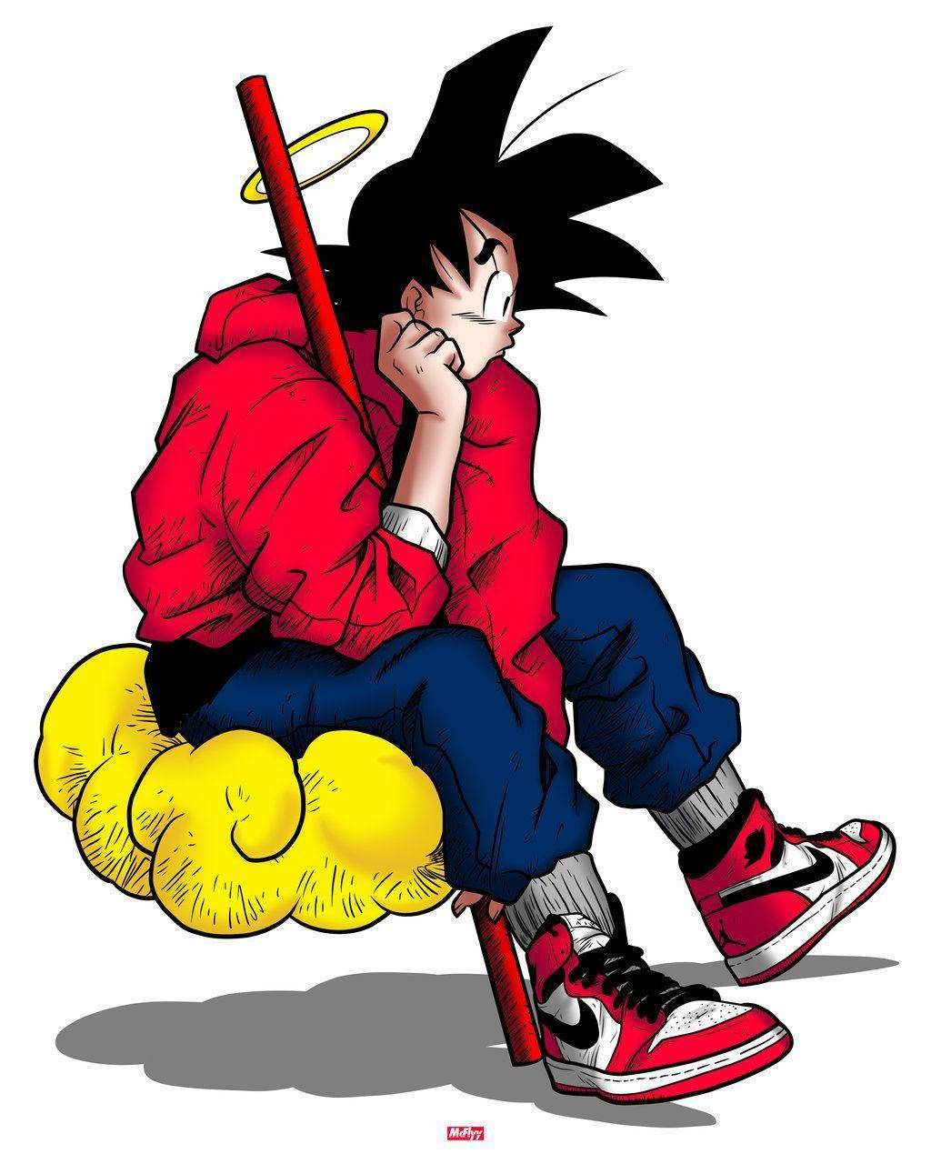 Goku Swag 桌布 壁紙 — 動漫角色悟空沉思地坐在黃色雲朵上，身穿紅色連帽衫、藍色褲子和紅色運動鞋，手持帶光環的杖。