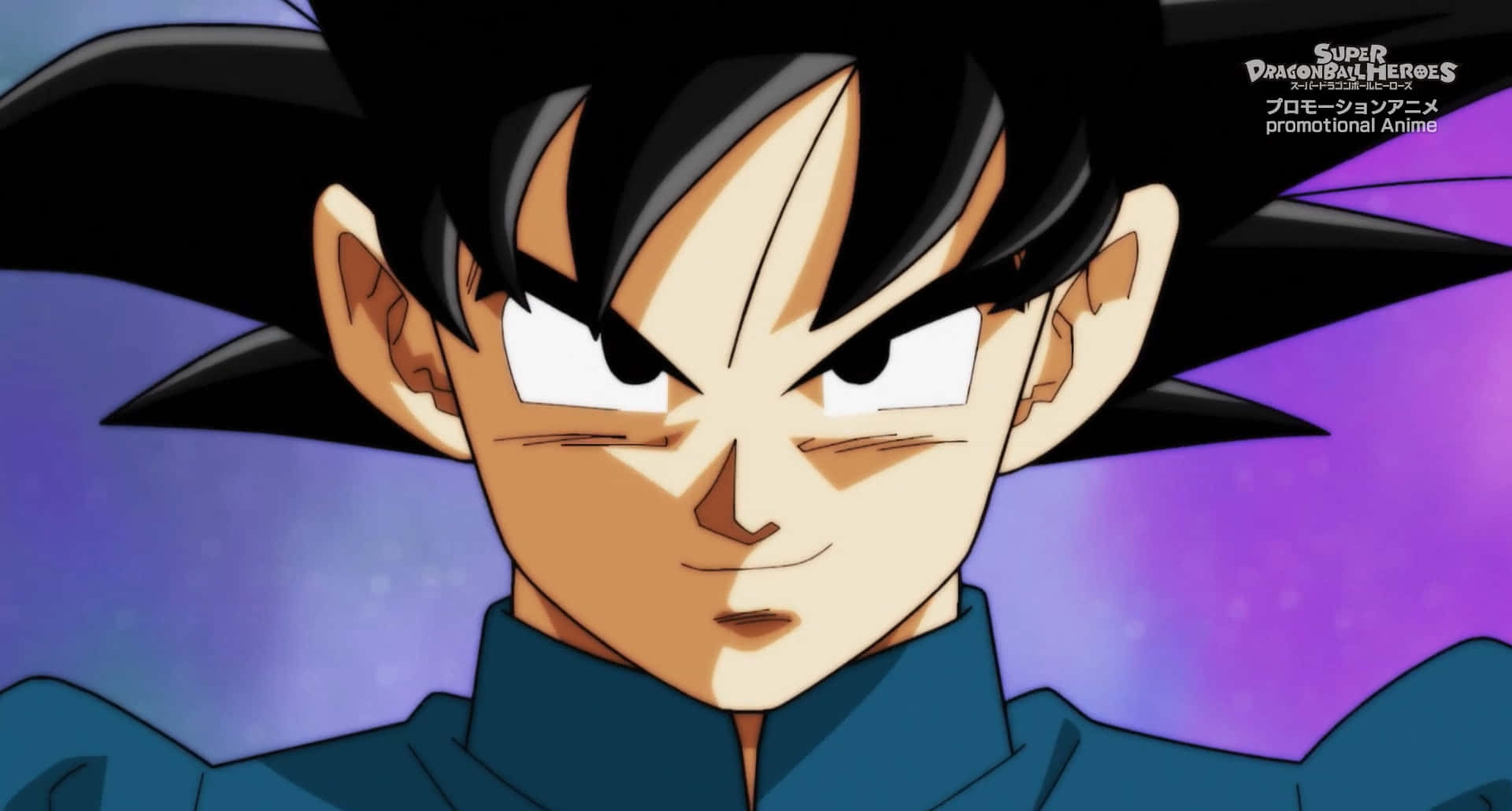 Dragon Ball Super Universe 6 桌布 壁紙 — 動漫角色悟空的特寫，擁有銳利的眼睛和豎起的黑髮，背景是紫色宇宙。