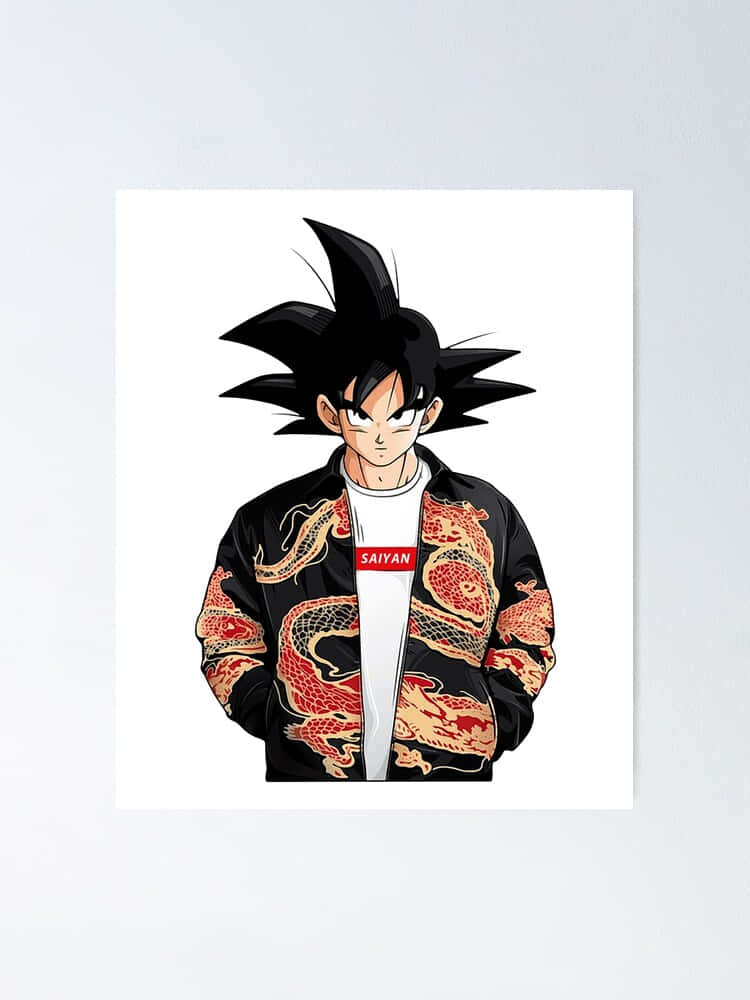 桌布 壁紙 — 動漫角色悟空穿著一件帶有紅色龍刺繡的黑色外套和一件帶有紅色'SAIYAN'標誌的白色T恤。