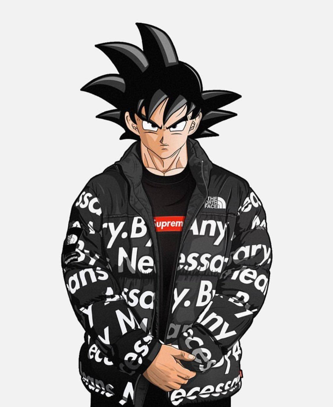 Goku Swag 桌布 壁紙 — 動漫角色悟空穿著一件黑色羽絨外套，上面佈滿白色 Supreme 和 The North Face 標誌，背景為純色。