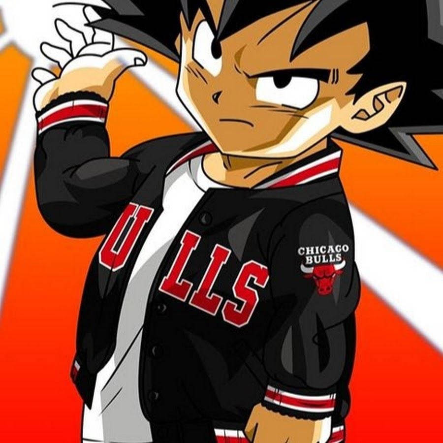 Goku Swag 桌布 壁紙 — 動漫角色悟空穿著芝加哥公牛隊外套，在鮮明的橙色和白色背景前自信地擺姿勢。