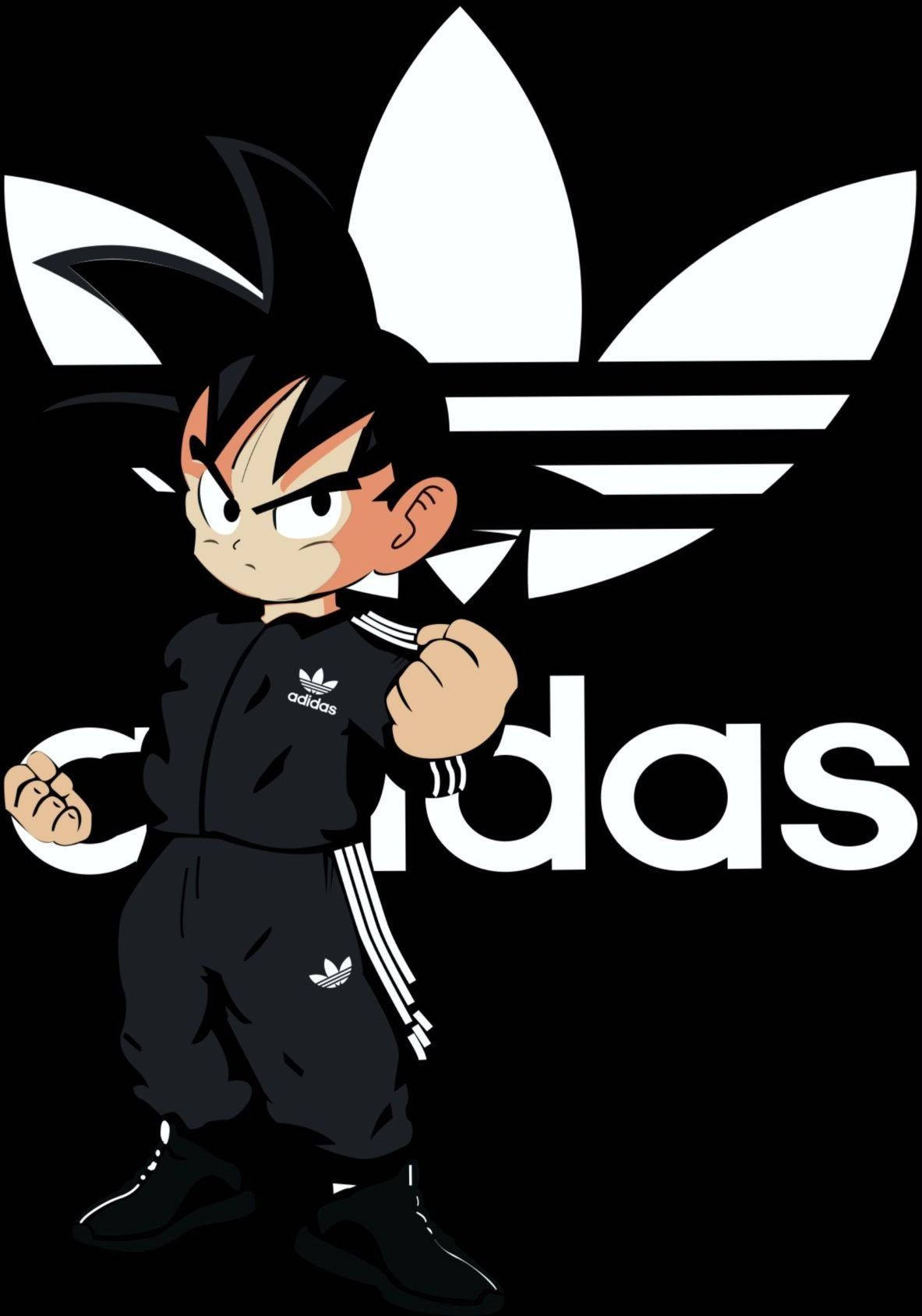 Adidas Logo 桌布 壁紙 — 動漫角色悟空穿著黑色Adidas運動服，在黑色背景上自信地擺姿勢，襯托出大膽的白色標誌。