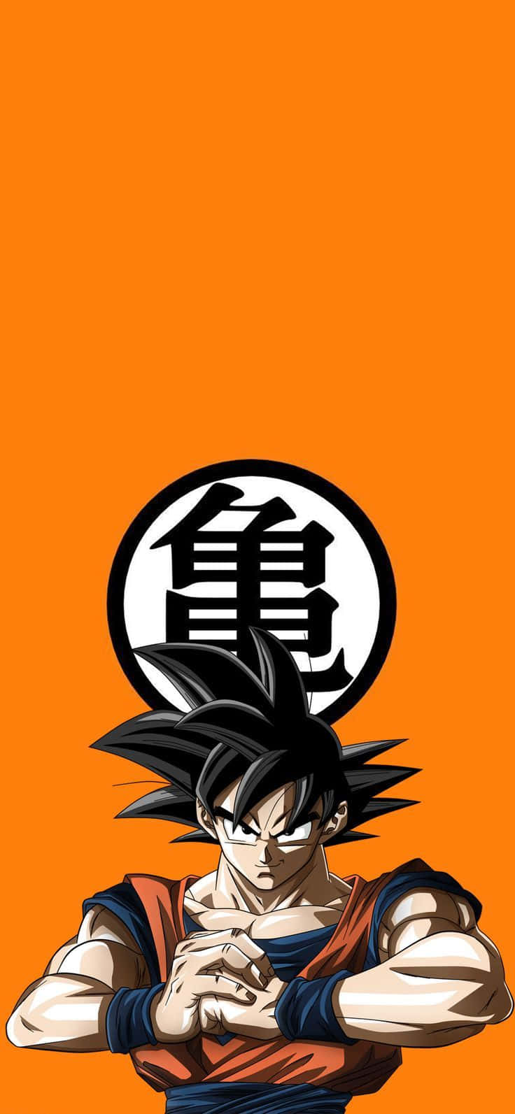 龍珠Z 桌布 壁紙 — 動漫角色悟空自信地交叉雙拳，站在帶有龜仙流派徽章的純橙色背景前。