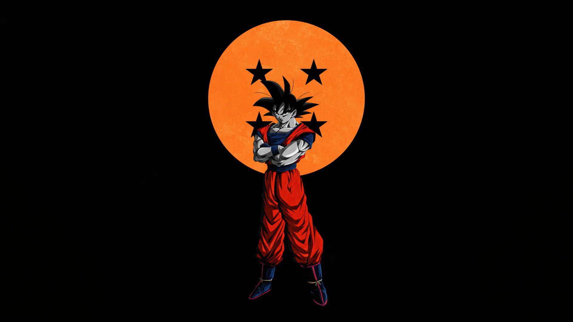Dbz 桌布 壁紙 — 動漫角色悟空自信地交叉雙臂，站在一個帶有三顆黑色星星的大型橙色月亮前。