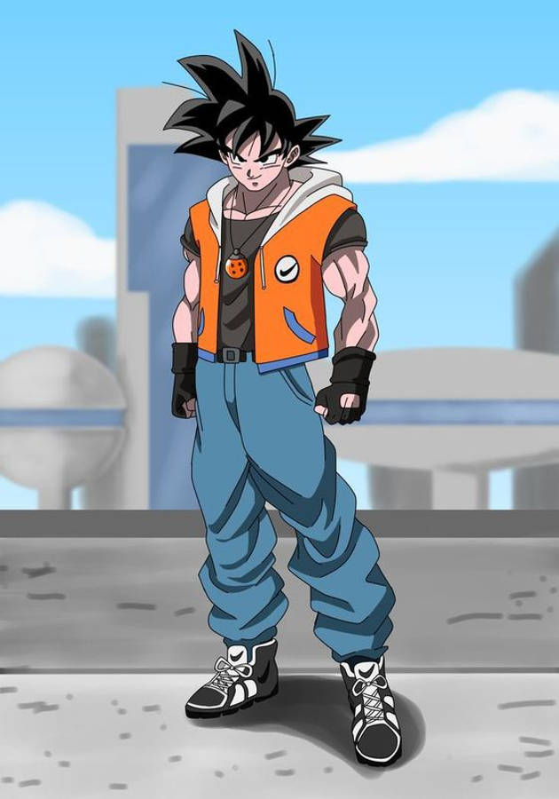 Goku Swag 桌布 壁紙 — 動漫角色悟空自信地站在城市環境中，身穿標誌性的橙色背心和藍色褲子，背景是明亮的藍天。