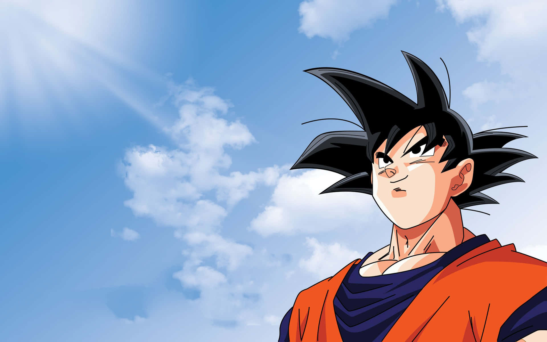 Dbz 桌布 壁紙 — 動漫角色悟空自信地站在明亮的藍天下，有蓬鬆的白雲和陽光。