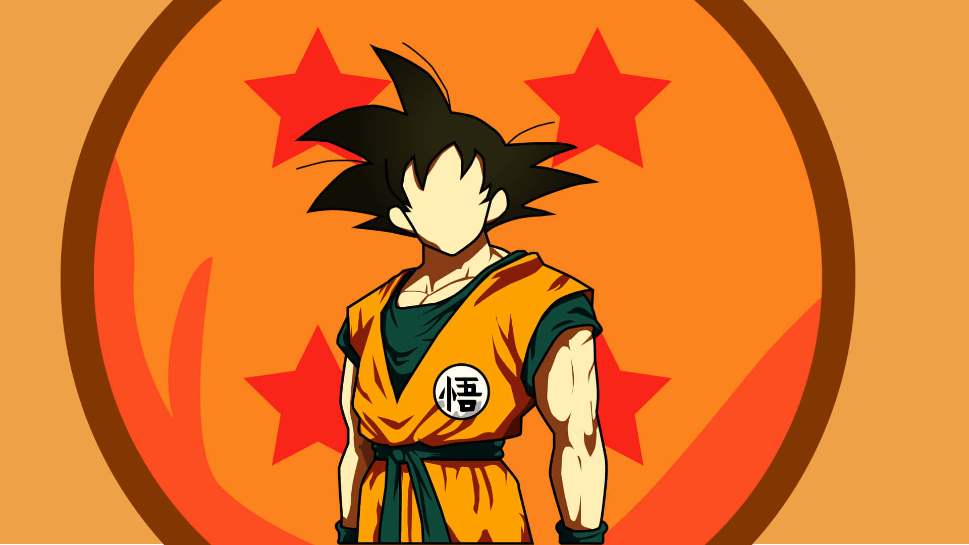 kid goku 桌布 壁紙 — 動漫角色悟空自信地站立，身穿標誌性橙色道服，背景是帶有紅色星星的火熱橙色圓形。