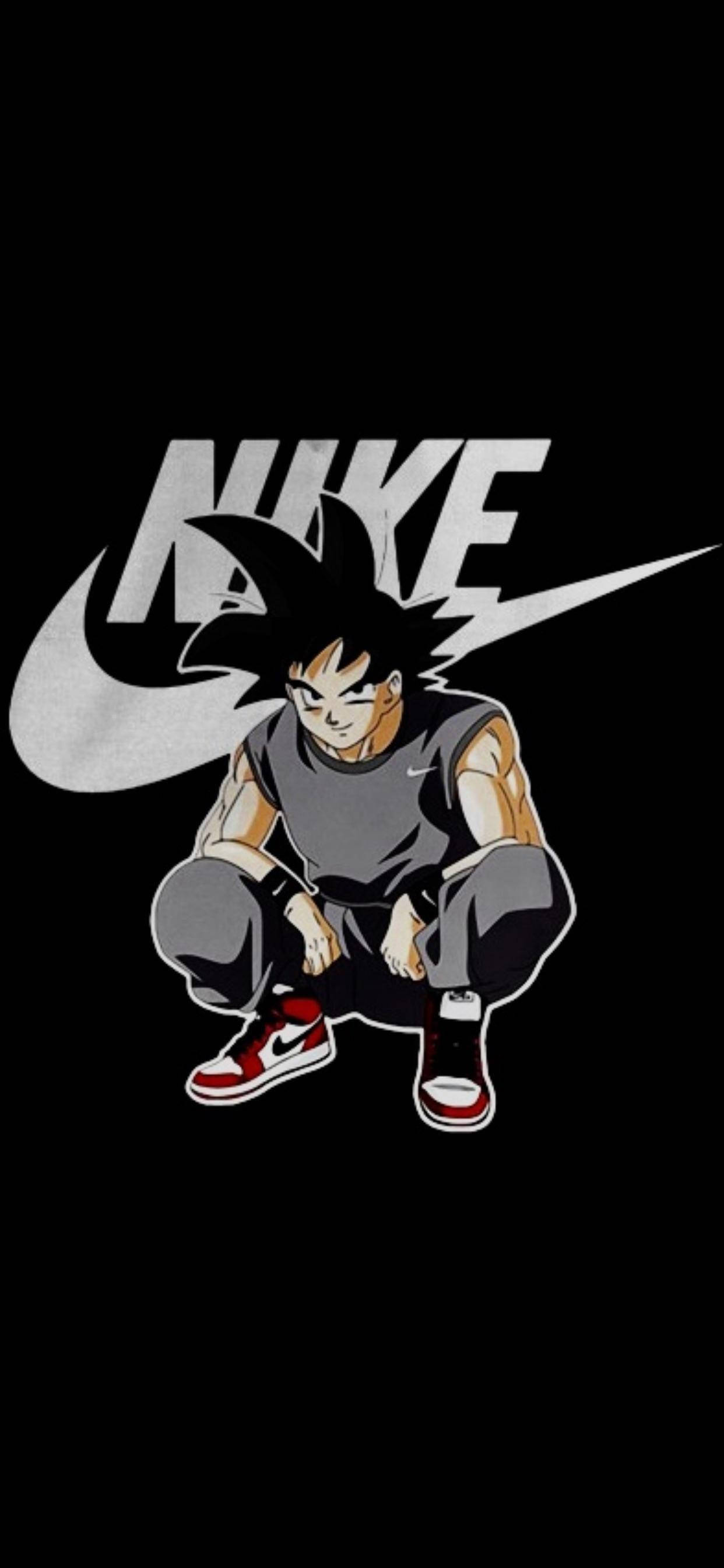 悟空 桌布 壁紙 — 動漫角色悟空身穿Nike裝備，在純黑背景前自信蹲下，品牌標誌在他身後。