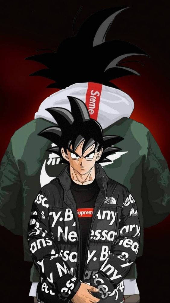 龍珠Z 桌布 壁紙 — 動漫角色悟空身穿Supreme品牌外套，站在一個穿著連帽衫的較大人物面前，背景為深紅色。