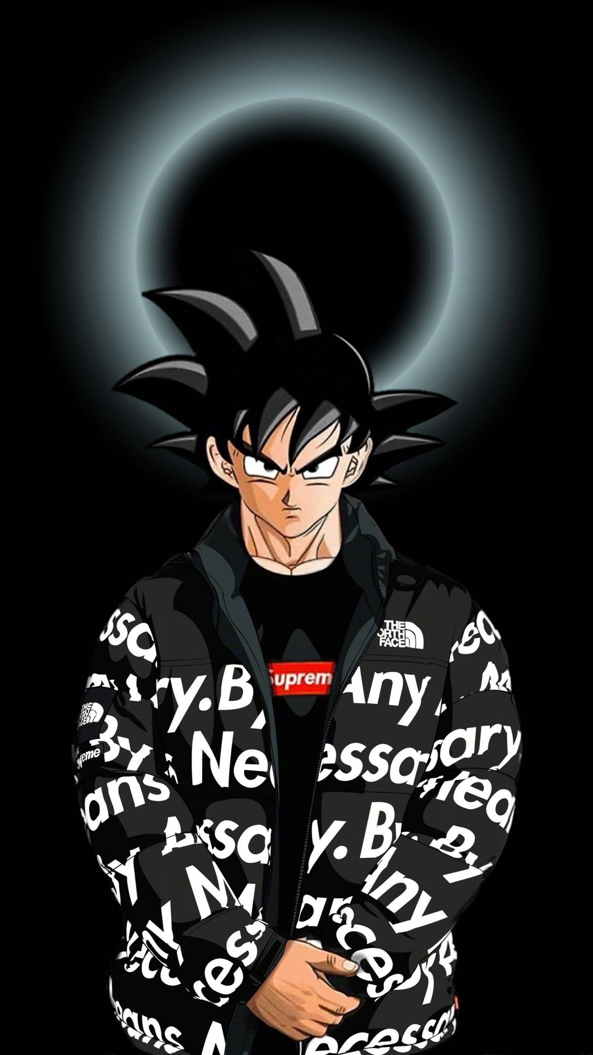 Goku Swag 桌布 壁紙 — 動漫角色悟空身穿帶有白色文字的黑色連帽衫，站在發光的黑洞背景前。