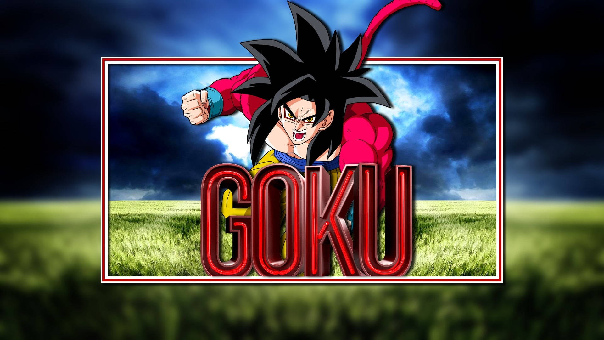 Ssj4 Goku 桌布 壁紙 — 動漫角色悟空身穿紅藍道服，在暴風雨天空下的草地上，以強而有力的姿態站立於裱框場景中。