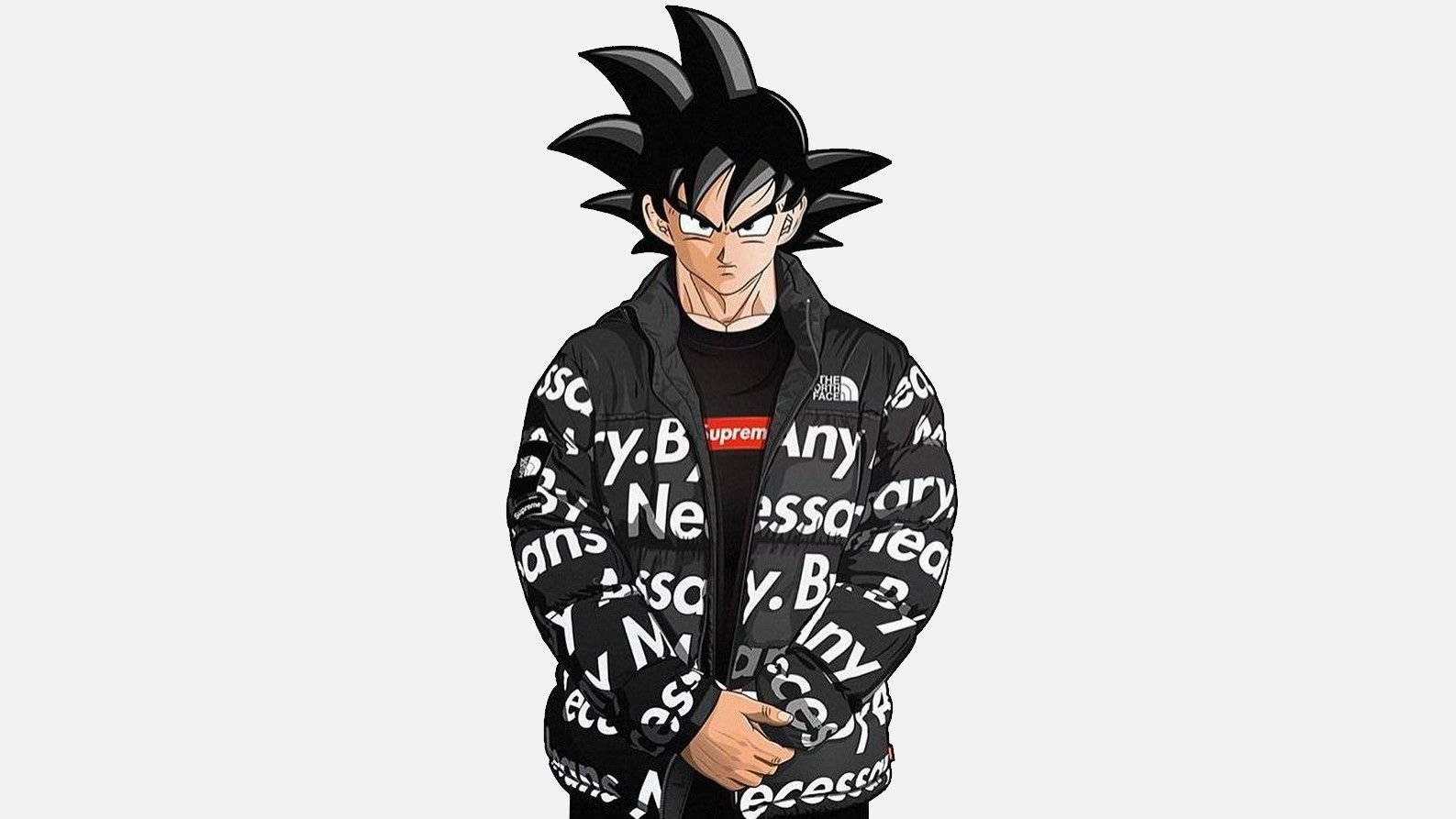 Goku Swag 桌布 壁紙 — 動漫角色悟空身穿黑色羽絨外套，上面覆蓋白色文字，內搭Supreme T恤，背景為純色。