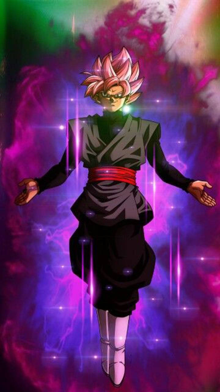 龍 桌布 壁紙 — 動漫角色悟空黑在紫色、粉紅色和綠色的宇宙能量風暴中漂浮，眼睛發光，雙臂伸展。