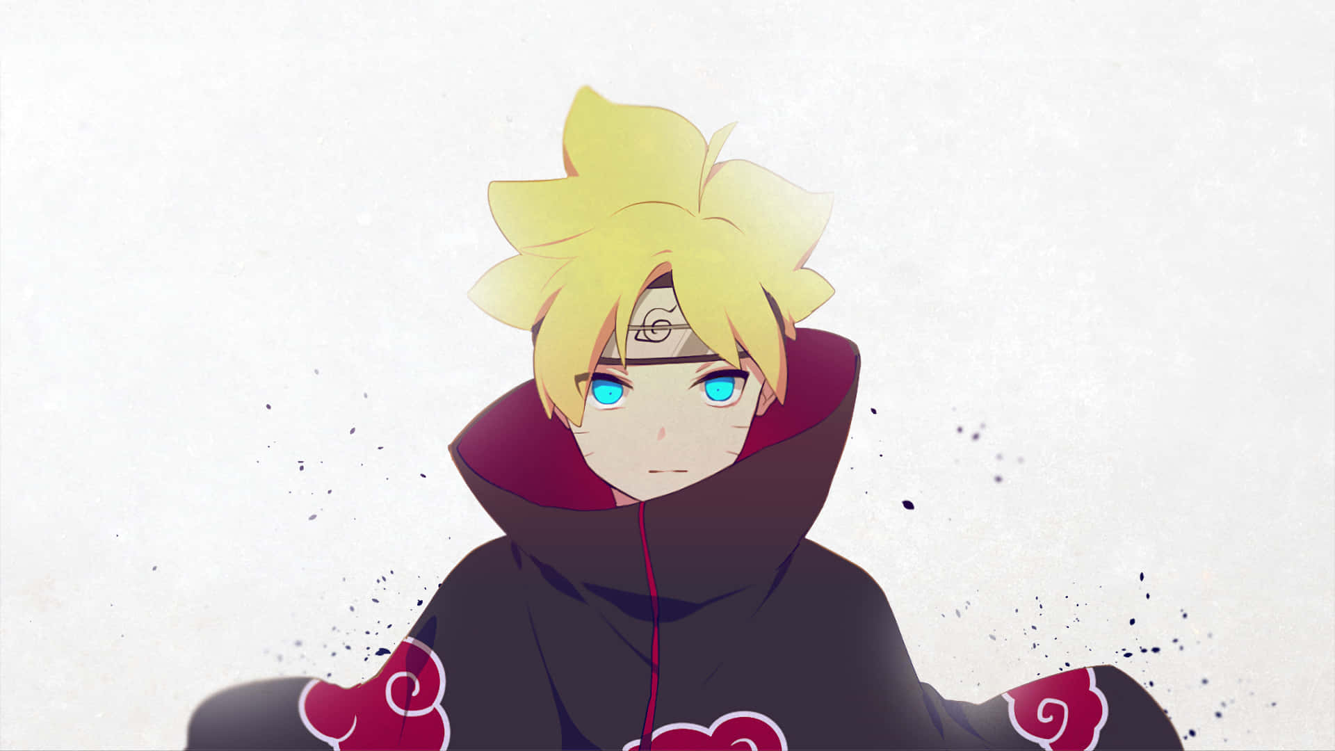 Adult Boruto 桌布 壁紙 — 動漫角色慕留人，金色刺蝟頭，藍色眼睛，身穿帶有紅色雲紋的深色斗篷，背景為紋理白色。