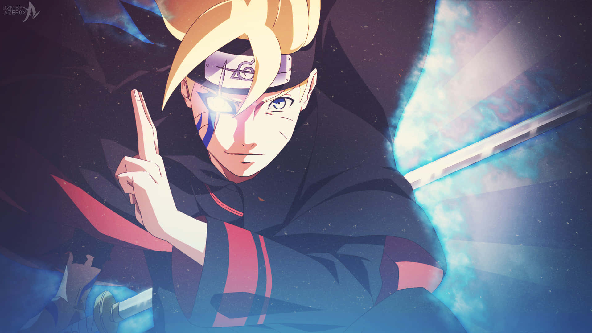 Boruto Naruto Next Generations 桌布 壁紙 — 動漫角色慕留人在動態姿勢中，帶有發光的藍色查克拉和強烈的表情，背景為宇宙。