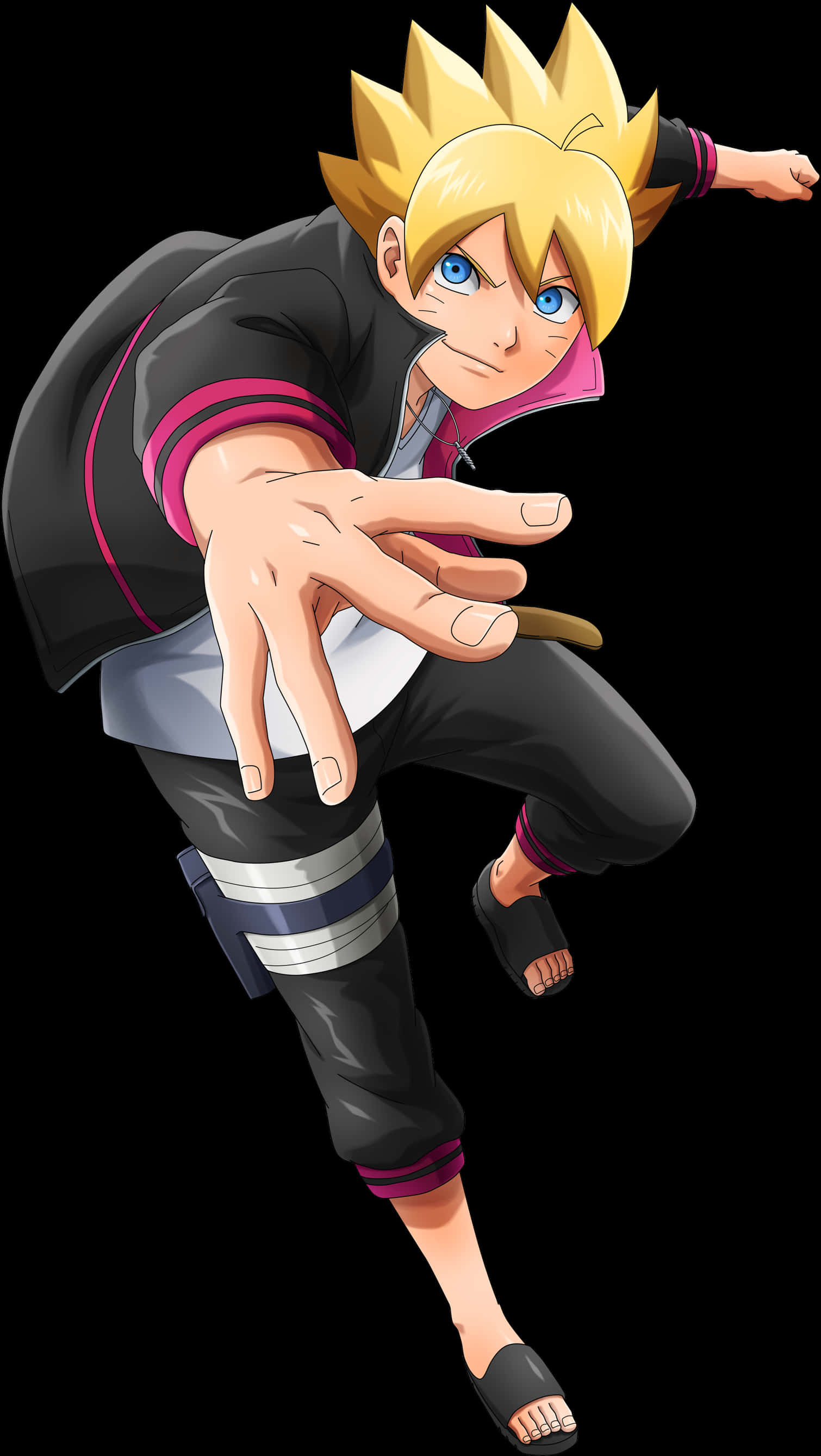 Boruto And Naruto 桌布 壁紙 — 動漫角色慕留人在黑色背景下擺出動態忍者姿勢，擁有尖刺金髮和堅定的藍色眼睛。