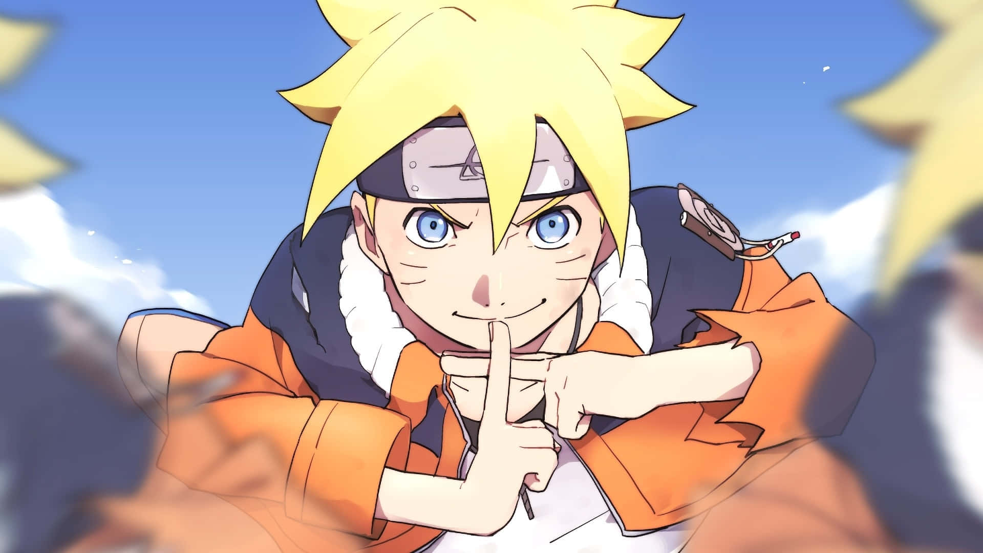 Boruto Naruto Next Generations 桌布 壁紙 — 動漫角色慕留人穿著橙色外套，在藍天白雲下做出噤聲手勢。