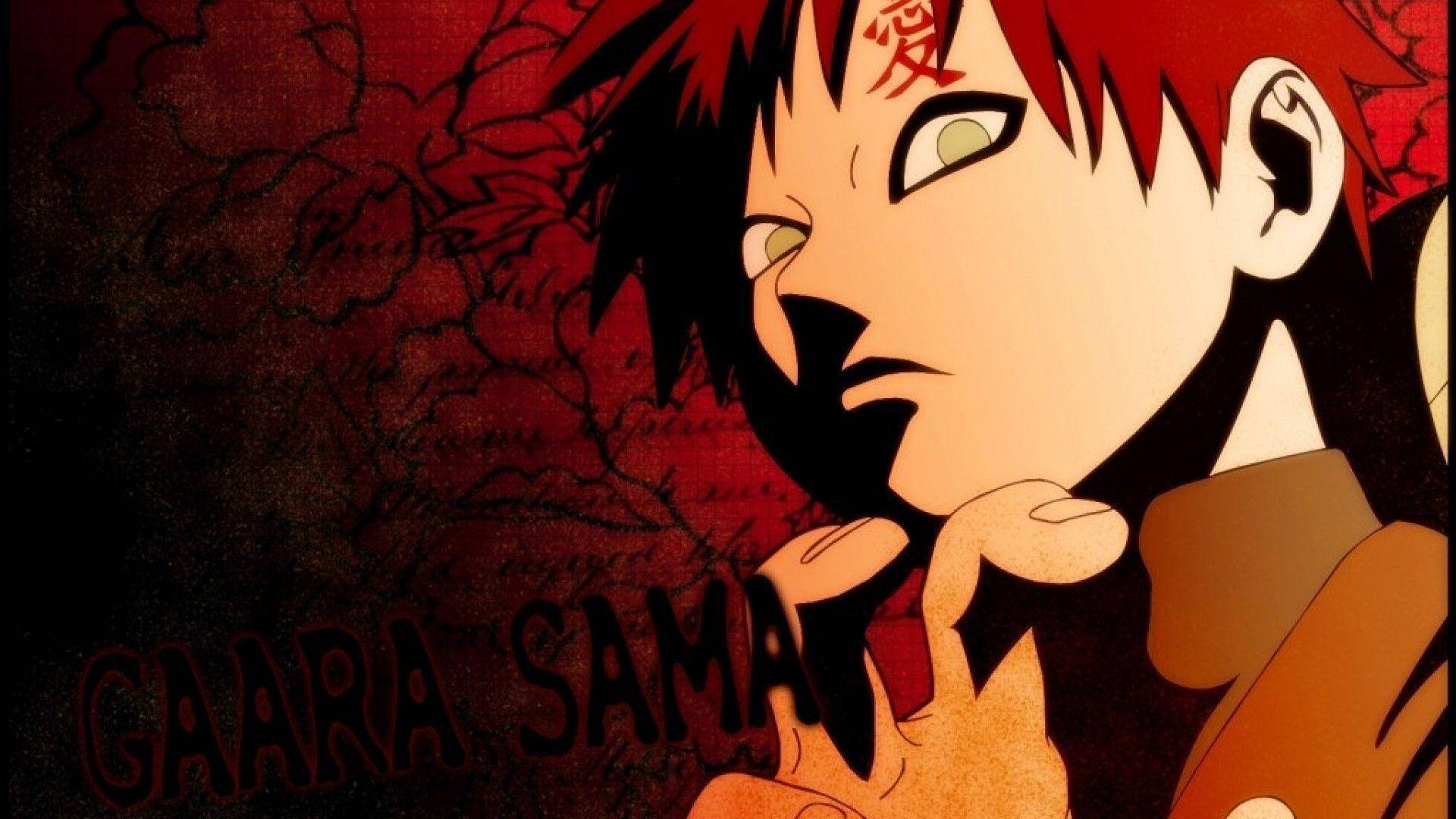 Gaara 桌布 壁紙 — 動漫角色我愛羅，紅髮，帶有沙主題標記，在裂開的紅色背景前強烈凝視。