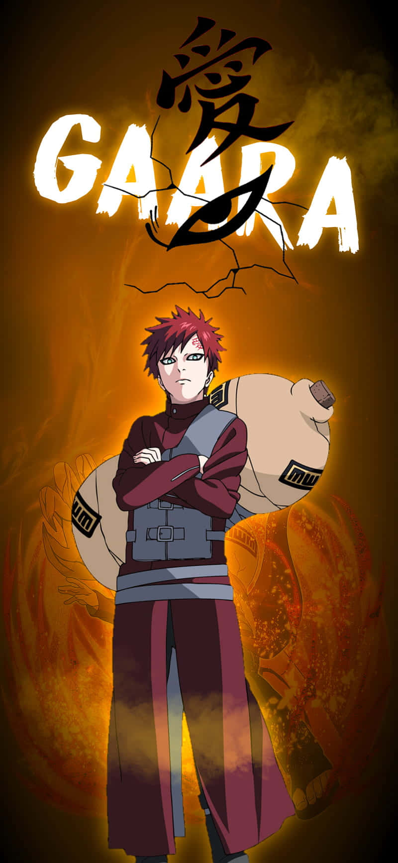 Gaara Naruto Anime 桌布 壁紙 — 動漫角色我愛羅在火熱的橙色背景上交叉雙臂站立，上方有他的名字和漢字。