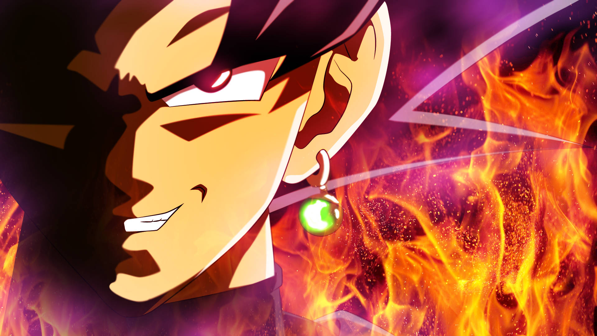 goku black iPhone 桌布 壁紙 — 動漫角色戴著發光的綠色耳環，表情兇猛，被火焰能量和紫色閃電包圍。