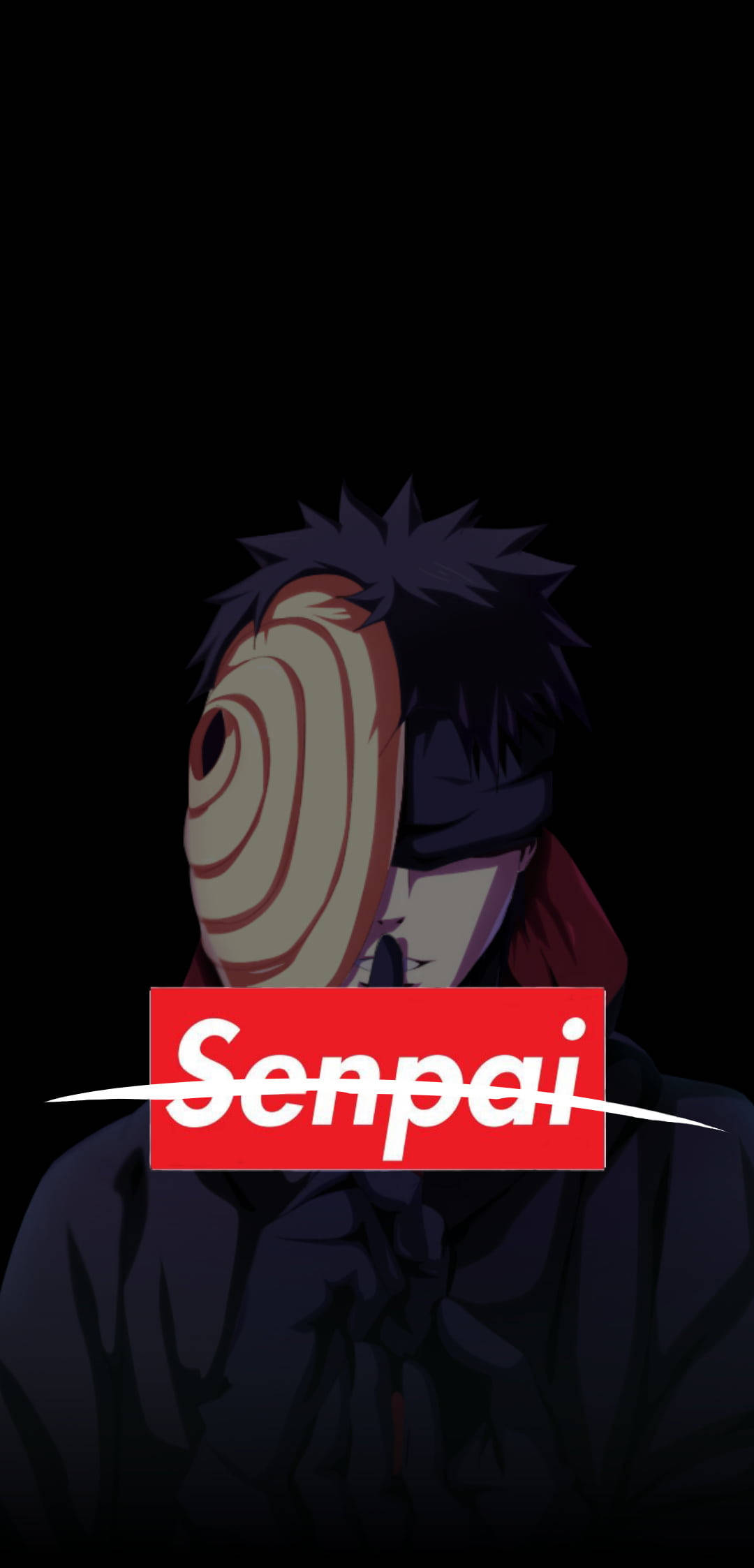 Naruto Supreme 桌布 壁紙 — 動漫角色戴著螺旋面具，黑色背景上有紅色「Senpai」標誌。
