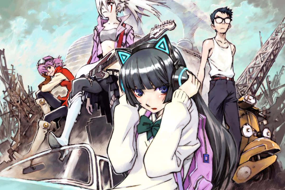 Flcl 桌布 壁紙 — 動漫角色戴著貓耳和耳機，在一個有破塔和黃色機器人的廢墟城市景觀中擺姿勢。