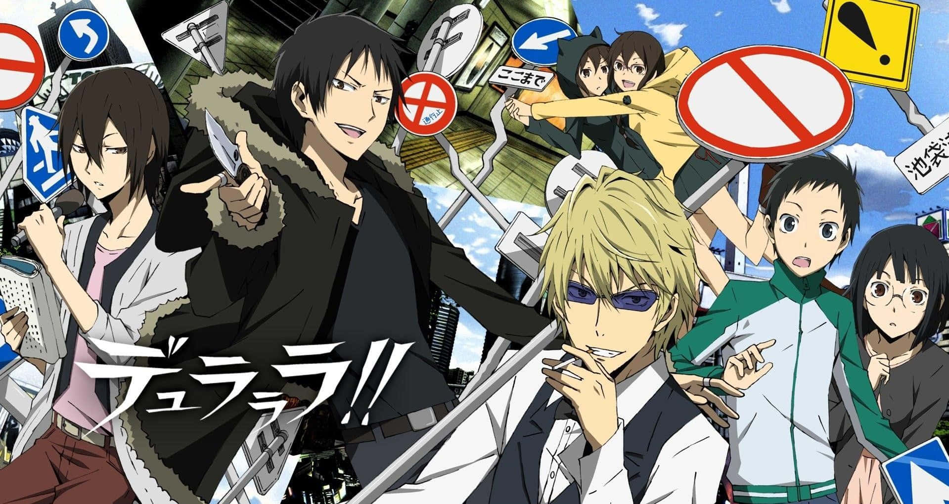 Shizuo Heiwajima 桌布 壁紙 — 動漫角色手持武器，站在漂浮的交通標誌中，呈現混亂的城市場景。
