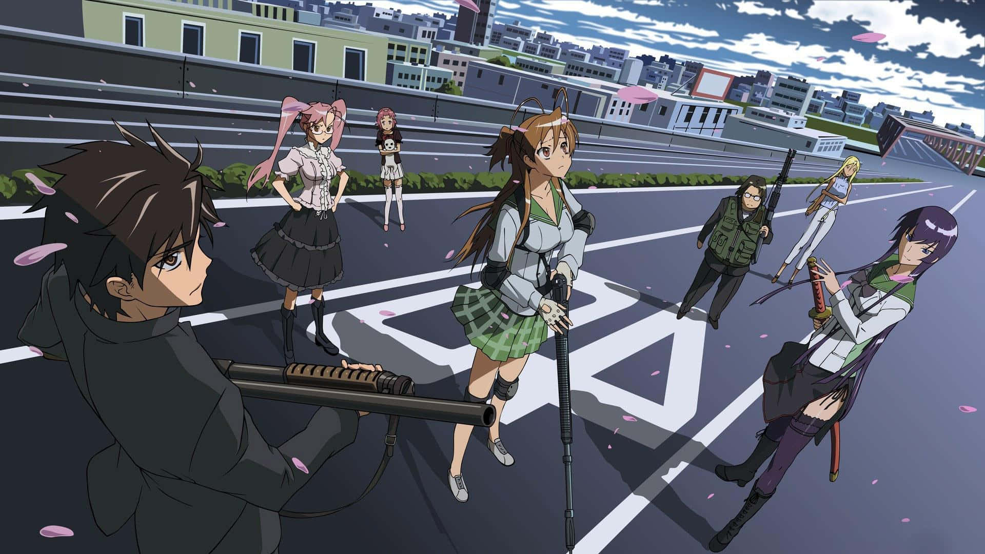 Highschool Of The Dead 桌布 壁紙 — 動漫角色手持武器站在城市屋頂上，天空多雲，粉紅色花瓣飄落。