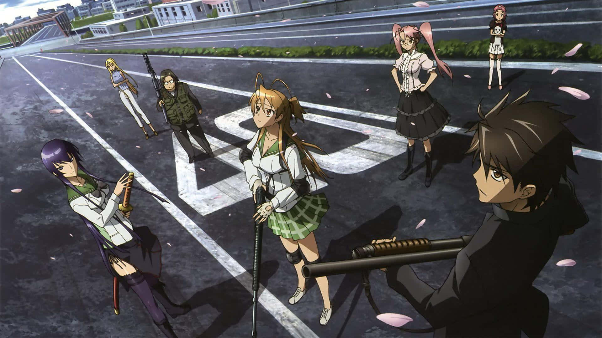 Highschool Of The Dead 桌布 壁紙 — 動漫角色手持武器站在被雨水浸濕的高速公路上，櫻花花瓣在他們周圍飄落。