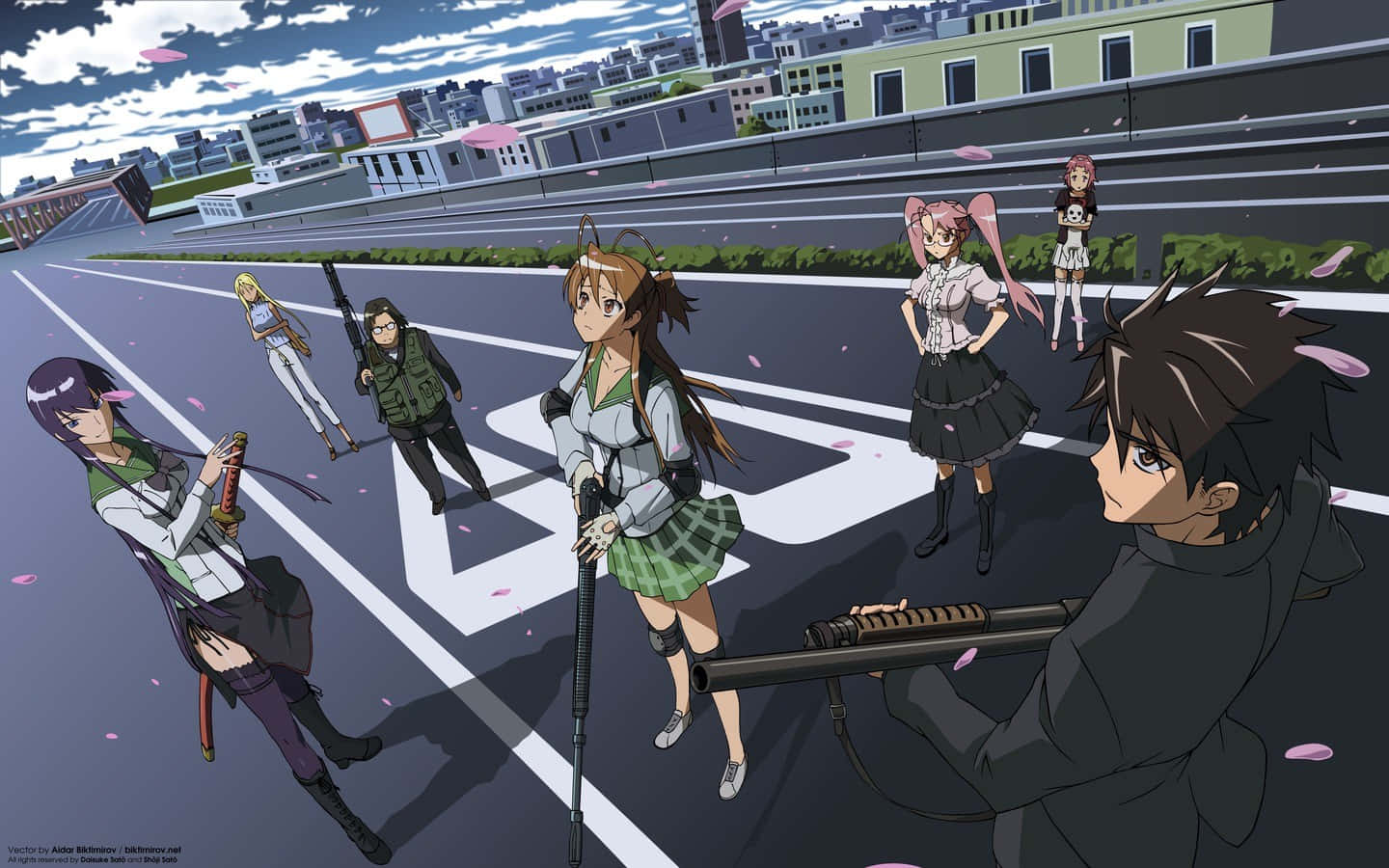Highschool Of The Dead 桌布 壁紙 — 動漫角色手持武器站在高速公路上，天空多雲，粉紅色花瓣飄落。