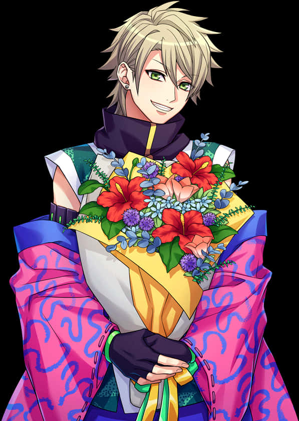 動漫角色手持花朵 — 日式藝術 壁紙