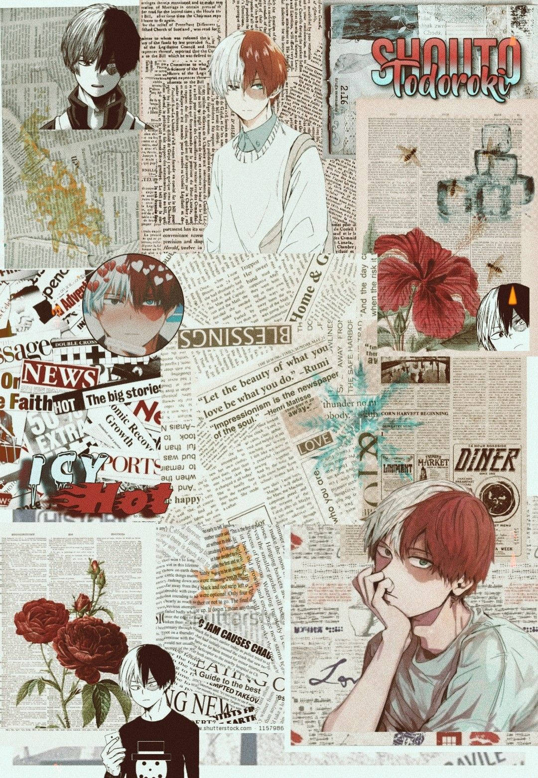 Todoroki Aesthetic 桌布 壁紙 — 動漫角色拼貼在報紙背景上，帶有紅花和文字片段。