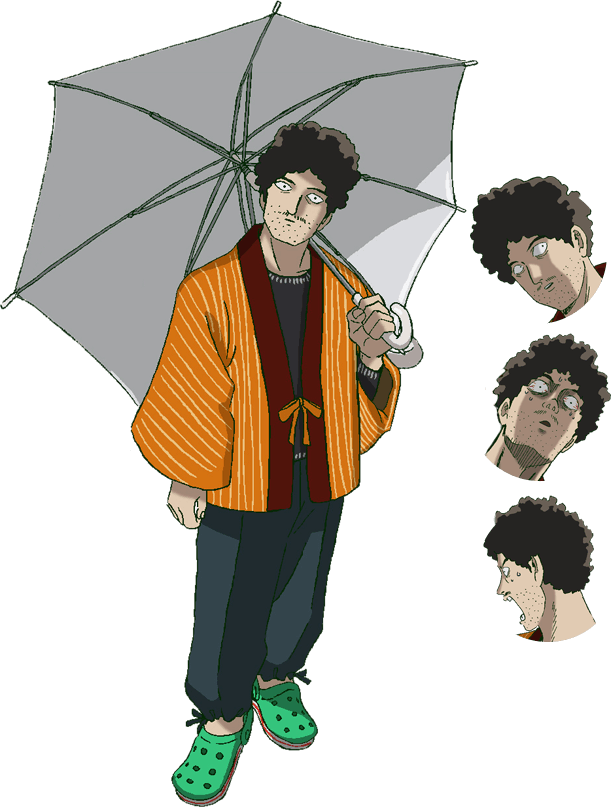 psycho 桌布 壁紙 — 動漫角色捲髮，手持灰色雨傘，身穿橙色條紋長袍和綠色圓點鞋。
