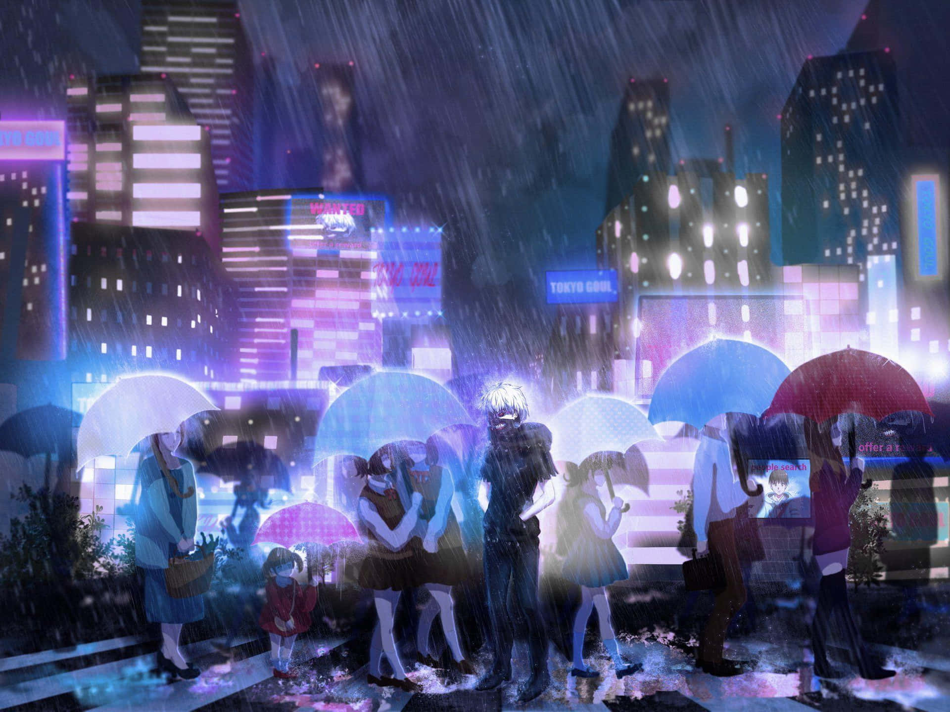  壁紙 — 動漫角色撐著雨傘，在夜晚霓虹燈照亮、雨水浸濕的東京街道上行走。