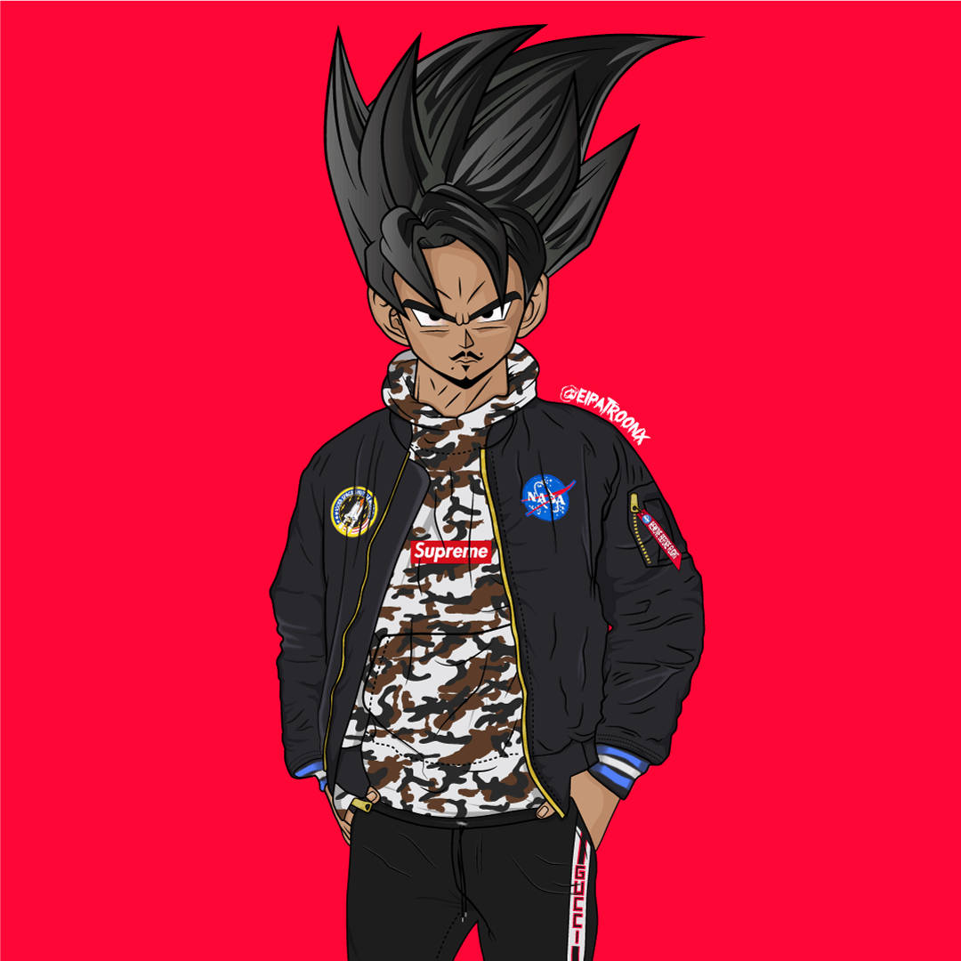 Goku Swag 桌布 壁紙 — 動漫角色擁有刺狀黑髮，穿著黑色轟炸機夾克內搭迷彩襯衫，背景為鮮紅色。