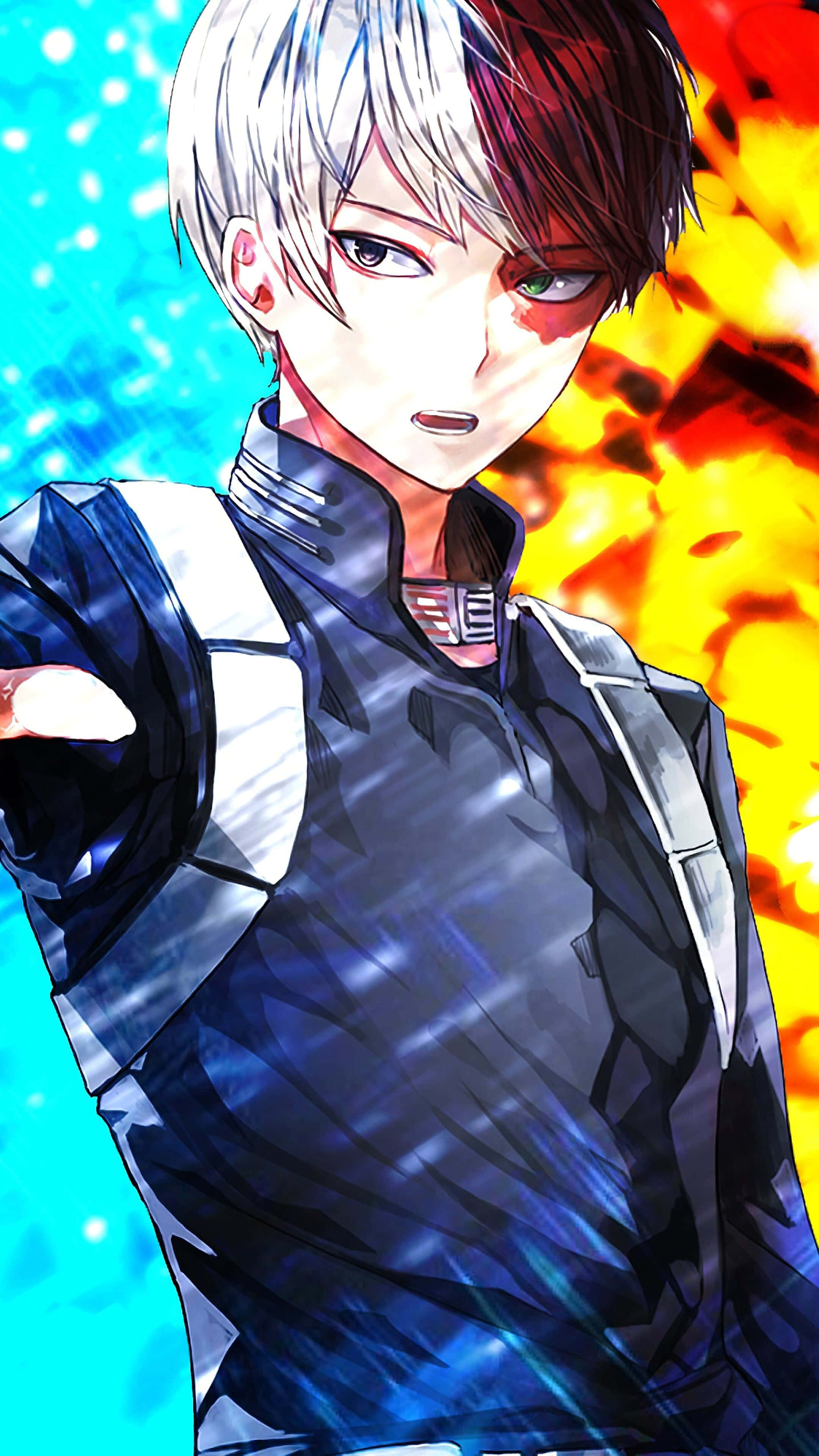 Anime Rapper 桌布 壁紙 — 動漫角色擁有半藍半紅的頭髮，以動態姿勢站立在對比的藍色和火橙色背景前。