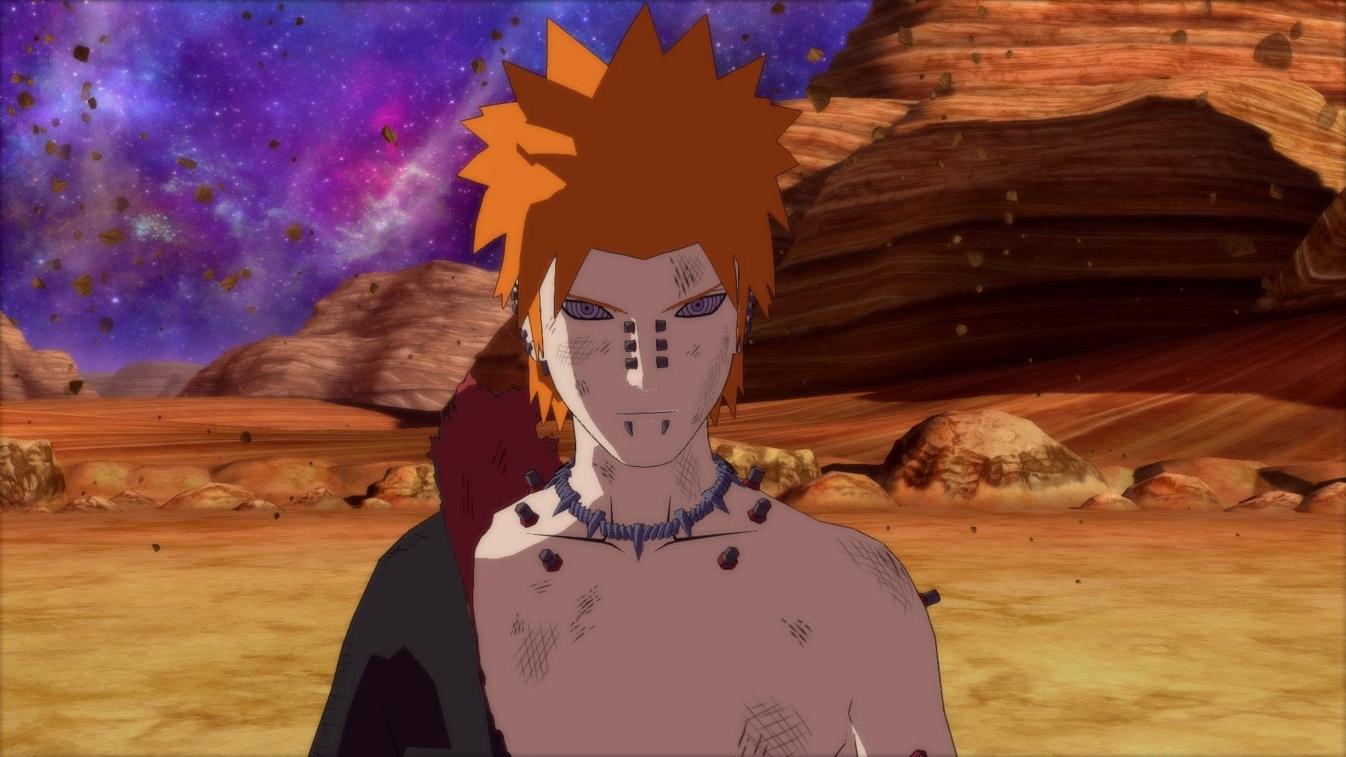 pain naruto 桌布 壁紙 — 動漫角色擁有尖刺橙色頭髮，站在沙漠中，上方是充滿活力的紫色星空。