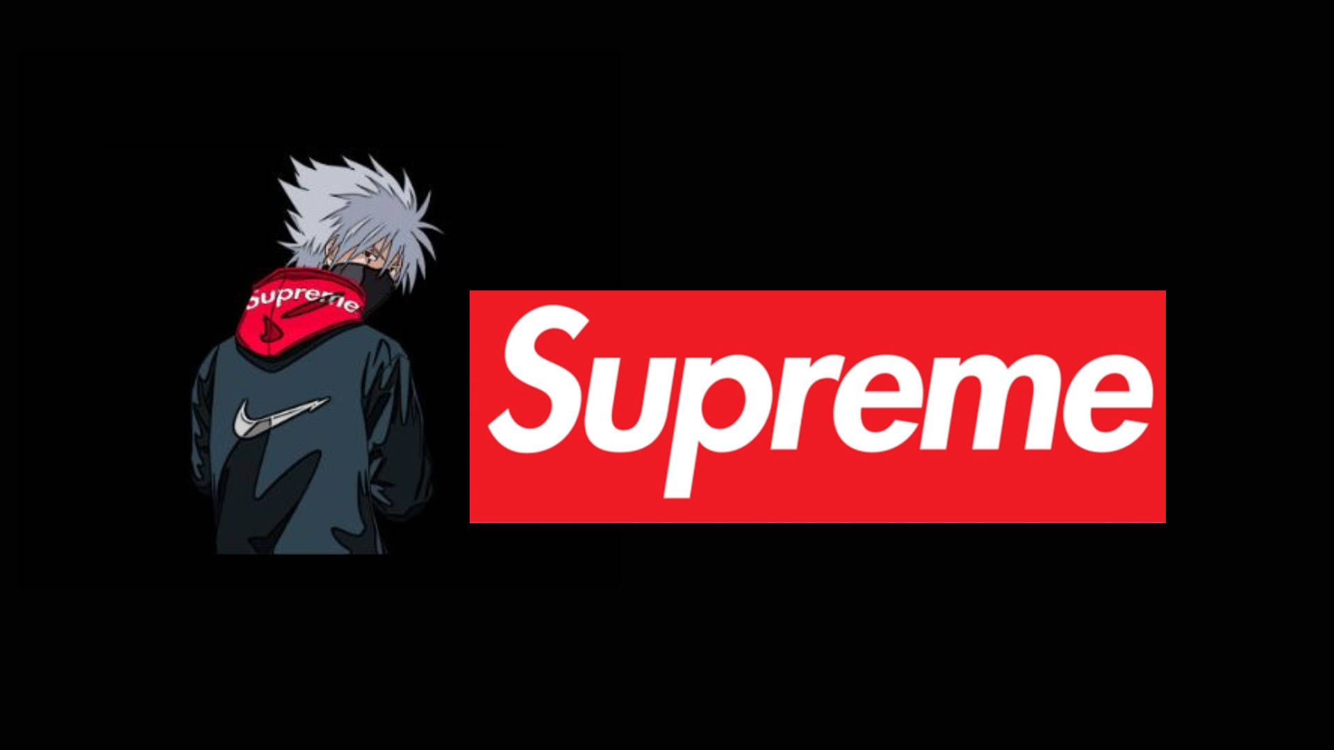 supreme 桌布 壁紙 — 動漫角色擁有尖刺白色頭髮，身穿Supreme連帽衫，站在黑色背景上一個大型紅色Supreme標誌旁邊。