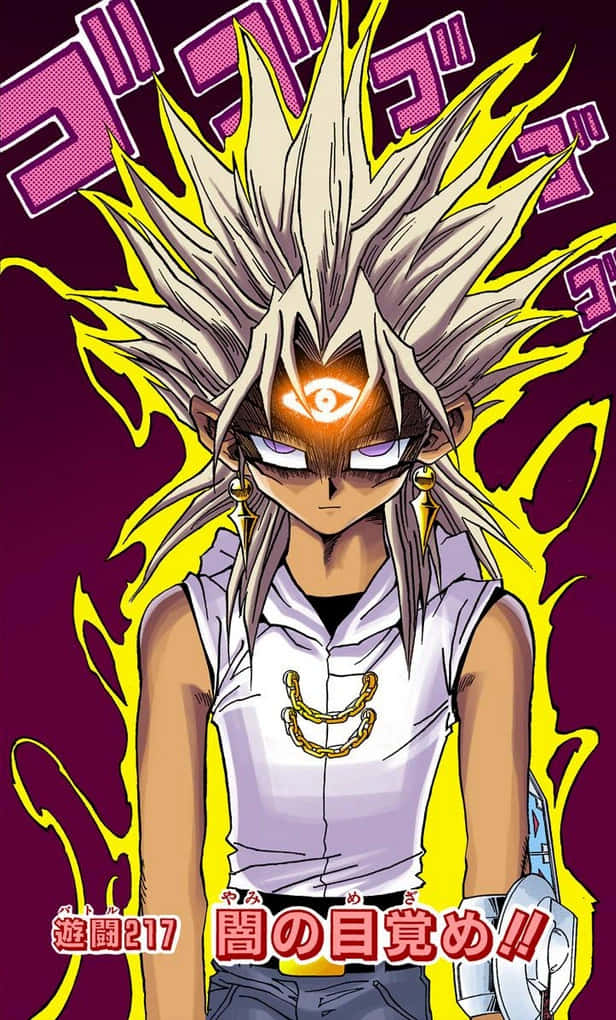 Marik Ishtar 桌布 壁紙 — 動漫角色擁有尖刺白髮、發光眼睛和黃色光環，在深紫色背景前強勢站立。