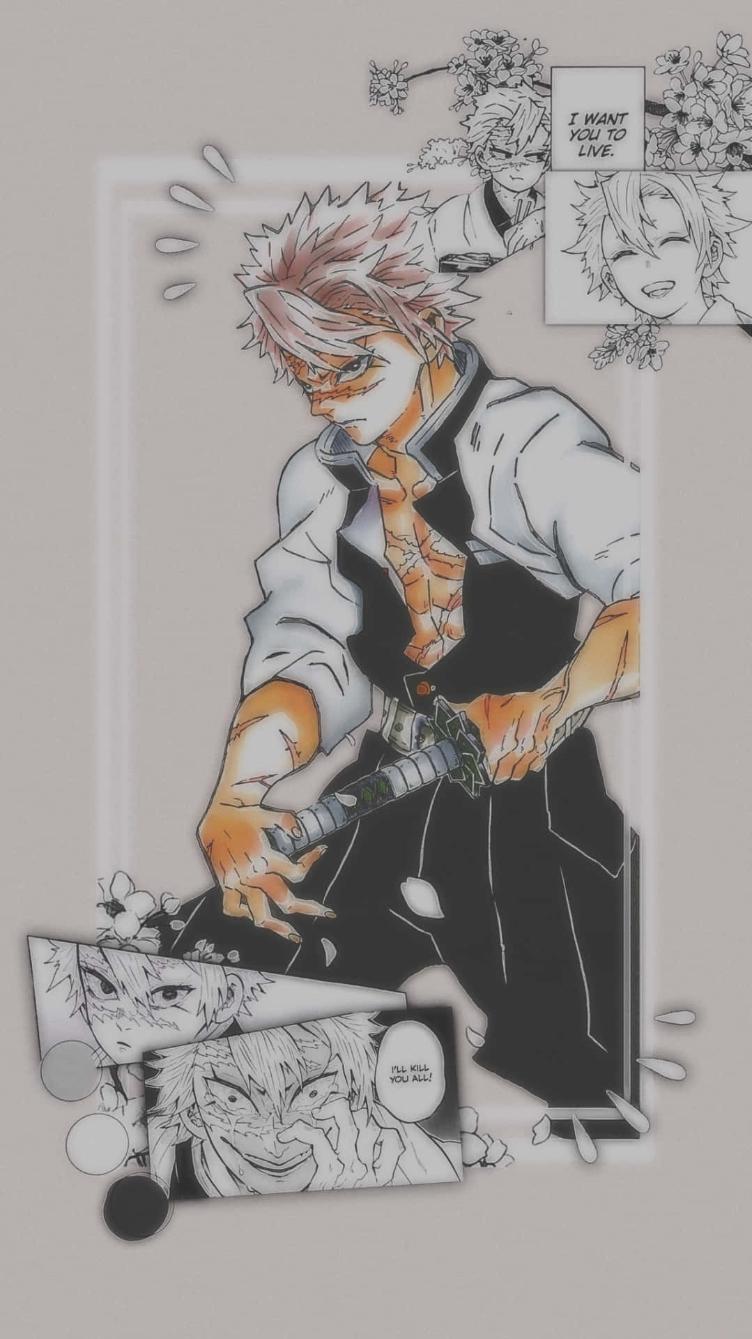 Demon Slayer Manga 桌布 壁紙 — 動漫角色擁有尖刺粉紅色頭髮，在漫畫風格面板中握劍，展現強烈情感表達。