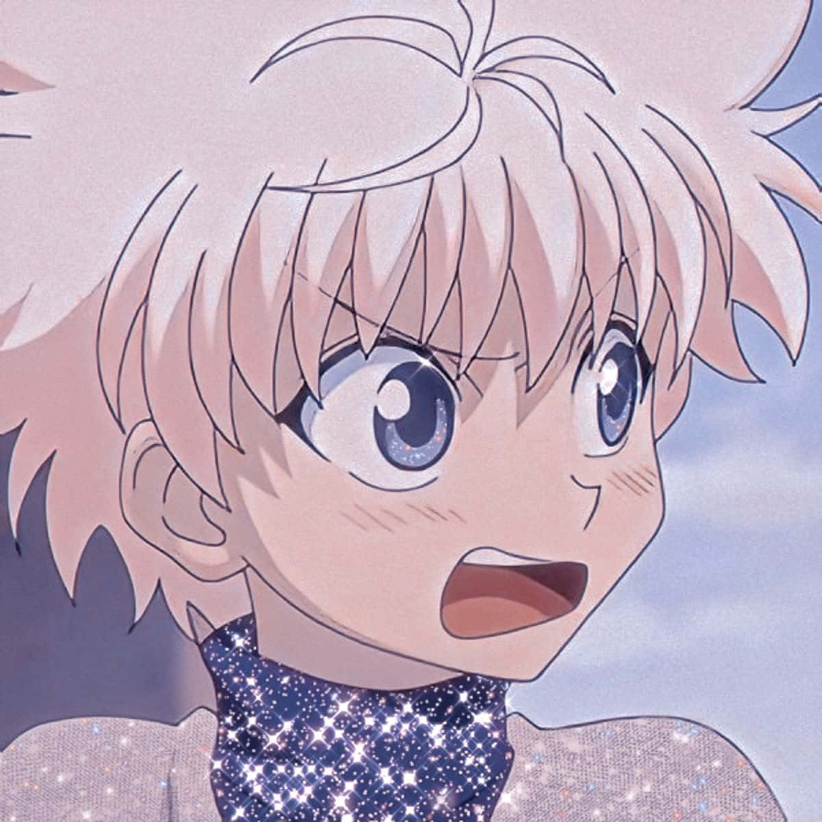 Aesthetic Anime Pfp 桌布 壁紙 — 動漫角色擁有尖刺粉紅頭髮和閃爍藍眼睛，在柔和天空背景下顯得驚訝。