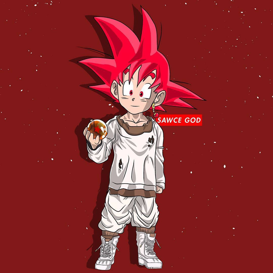 Goku Swag 桌布 壁紙 — 動漫角色擁有尖刺紅髮，在星空紅色背景前手持發光球體。