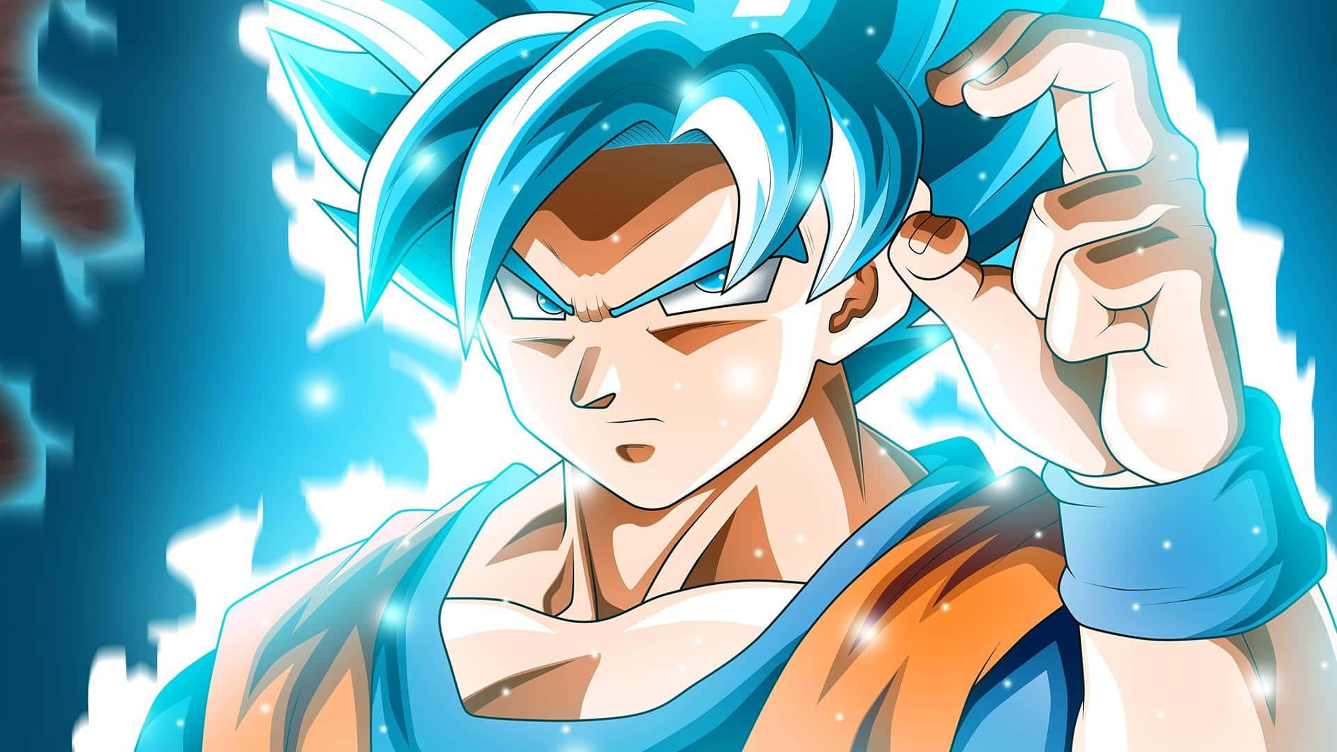 Saiyan Race 桌布 壁紙 — 動漫角色擁有尖刺藍色頭髮和發光光環，在宇宙藍色背景前強力地展示肌肉。